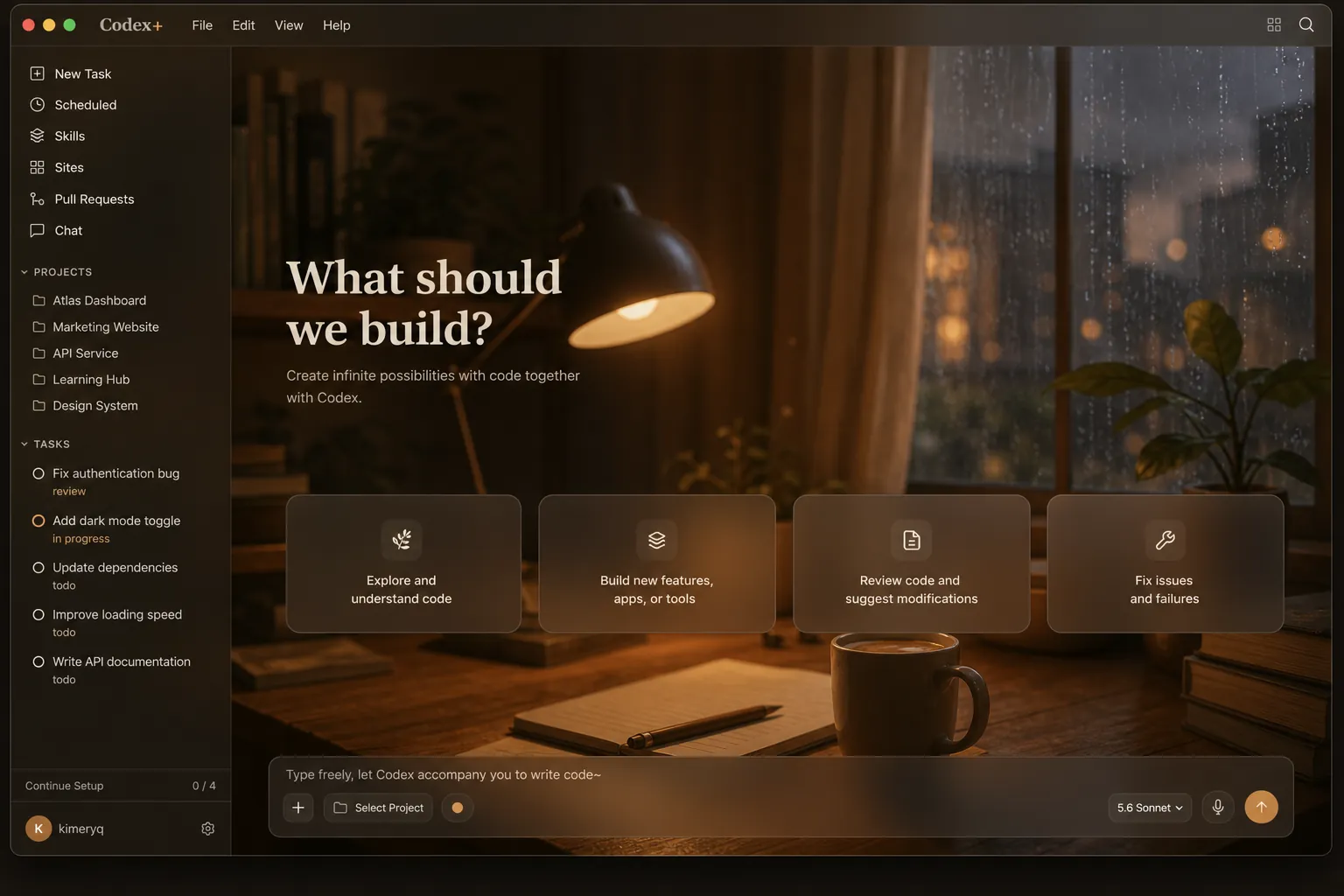 Lofi Coffee — Warm cozy study room, rainy window Codex skin