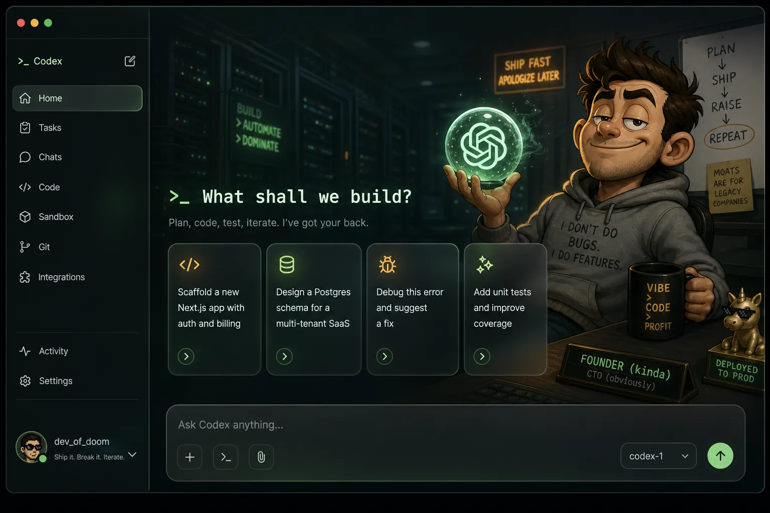 Founder Mode — Developer-meme energy, tastefully done Codex skin