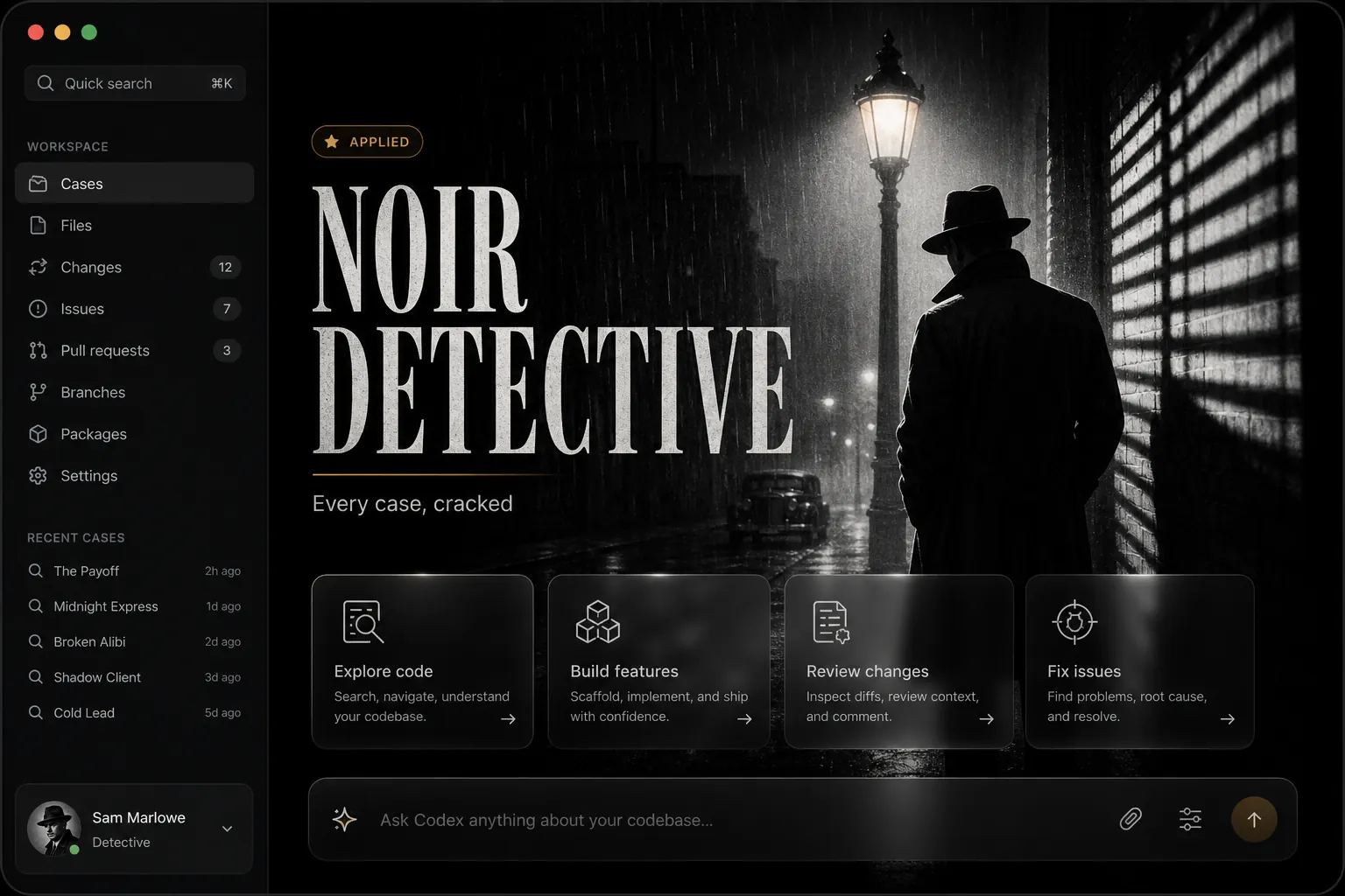 Noir Detective — Black-and-amber film-noir mood Codex skin