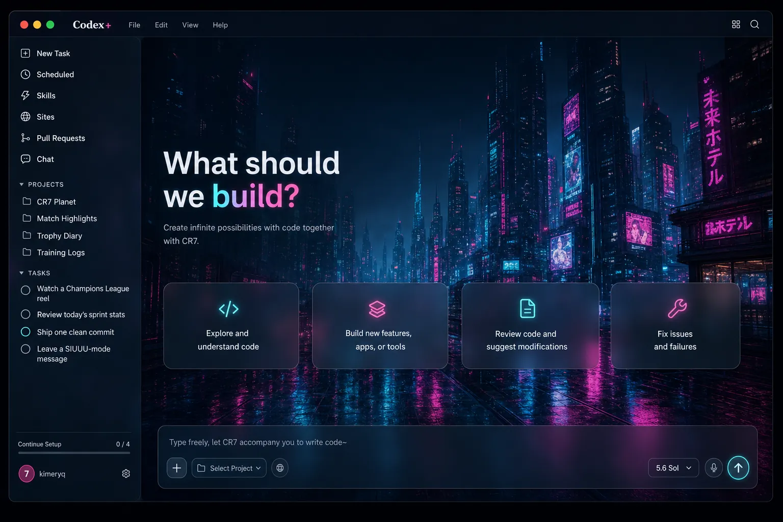 Neon Cyber — Rain-soaked cyberpunk city, cyan & magenta glow Codex skin