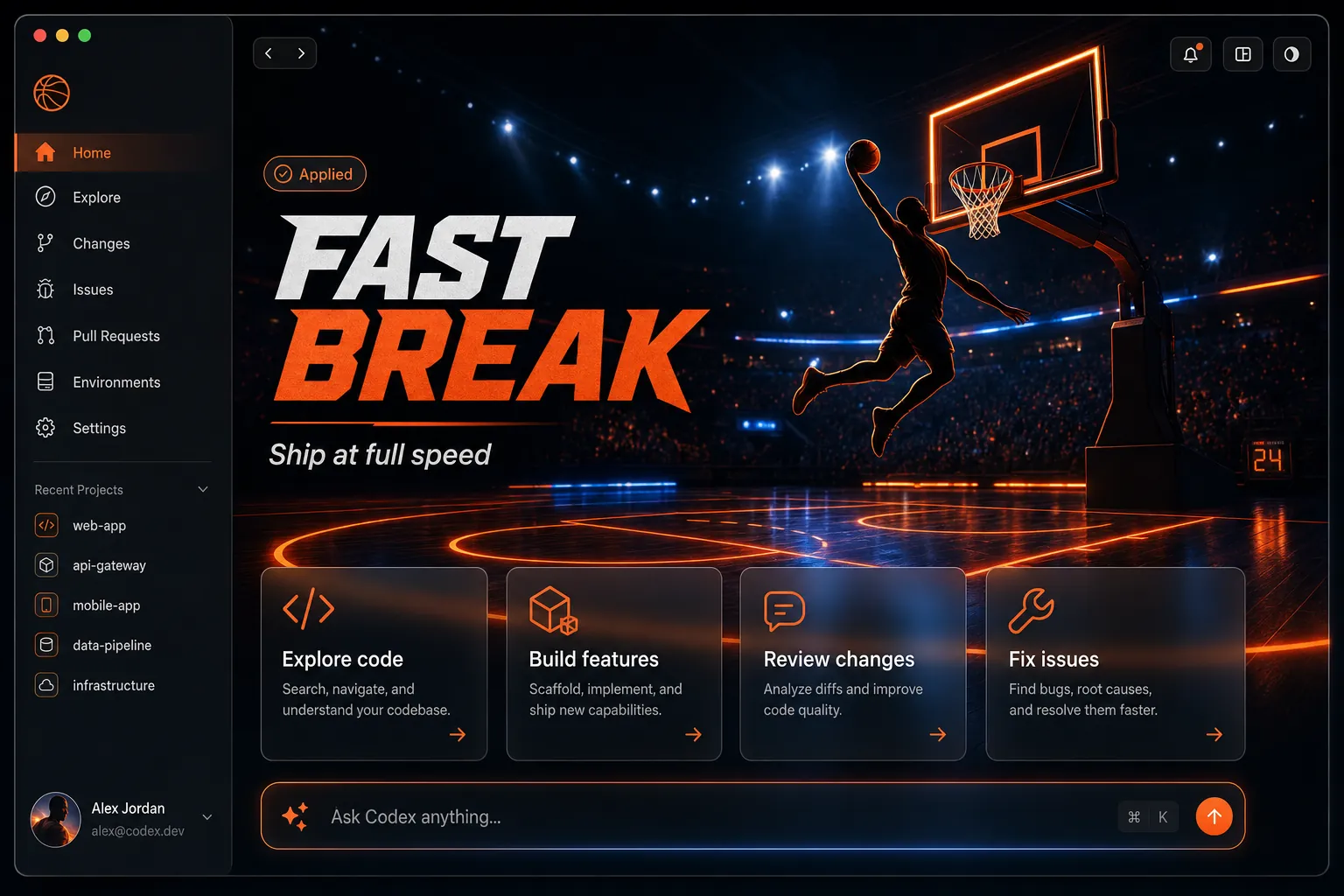 Fast Break — High-energy court-side sports mood Codex skin