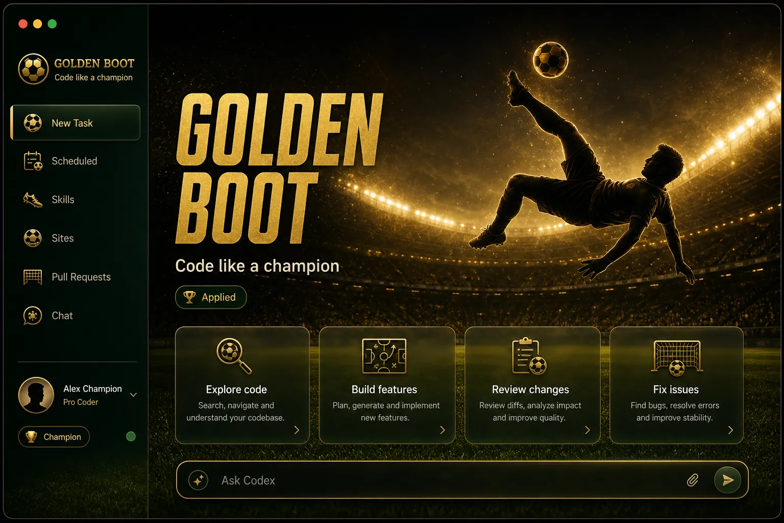 Golden Boot — Code like a champion — gold on black Codex skin