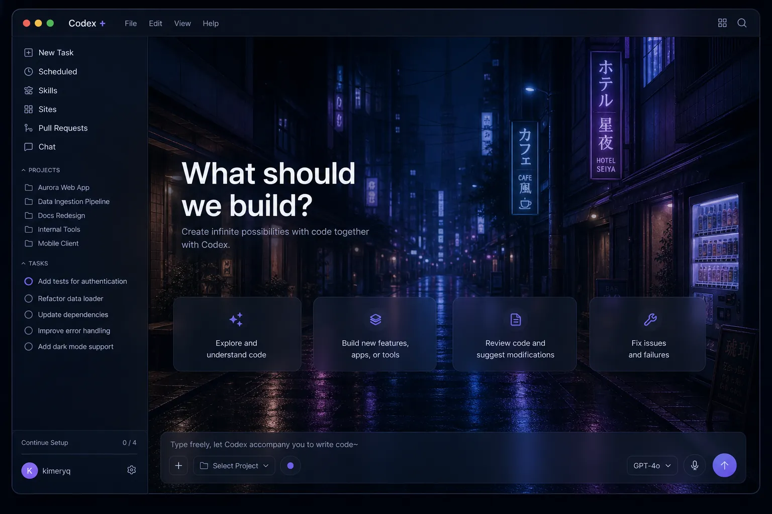 Tokyo Midnight — Quiet neon alley, calm blue-violet night Codex skin