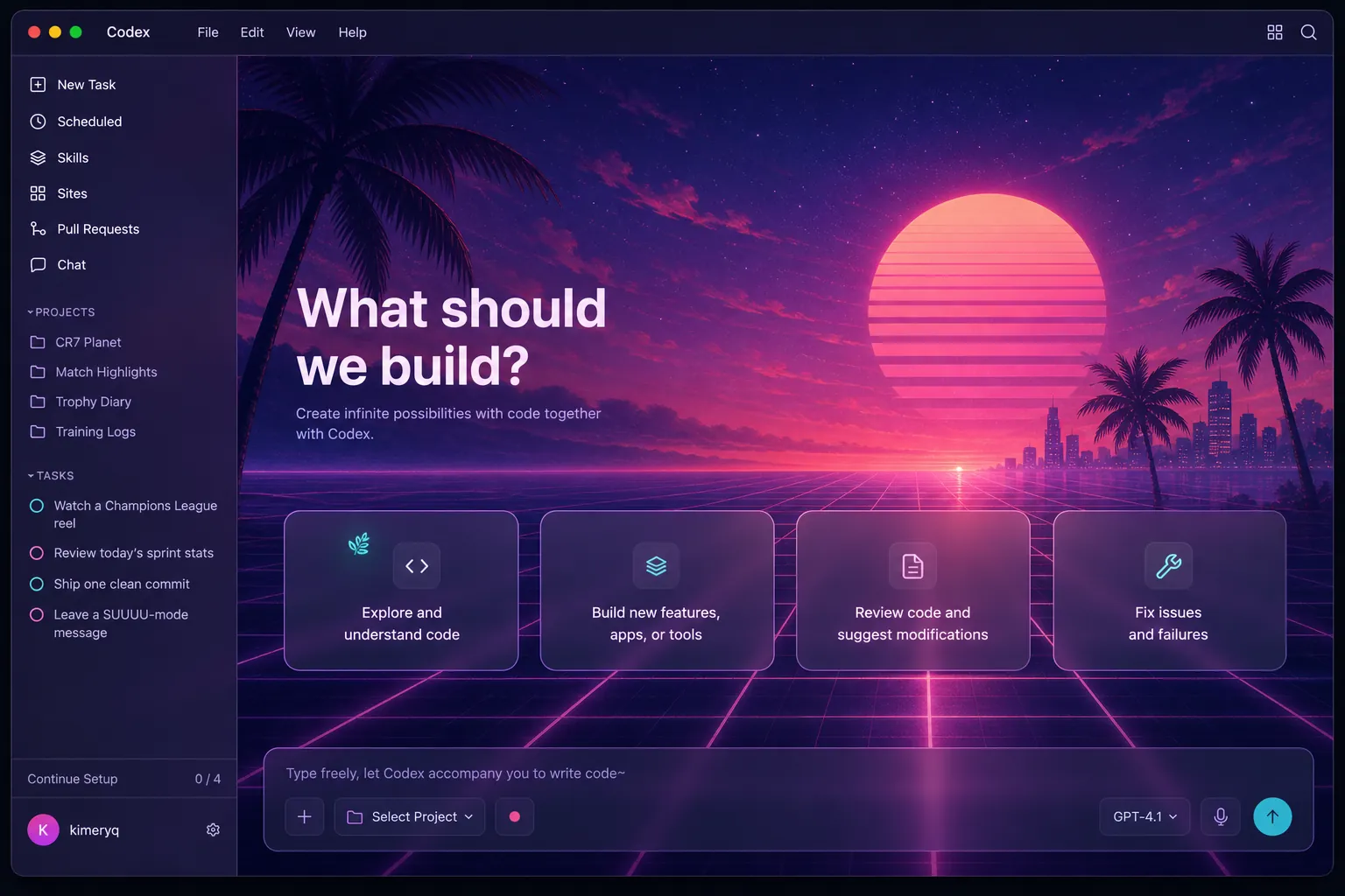 Vaporwave Sunset — 80s sunset, pink-purple-teal grid dreams Codex skin